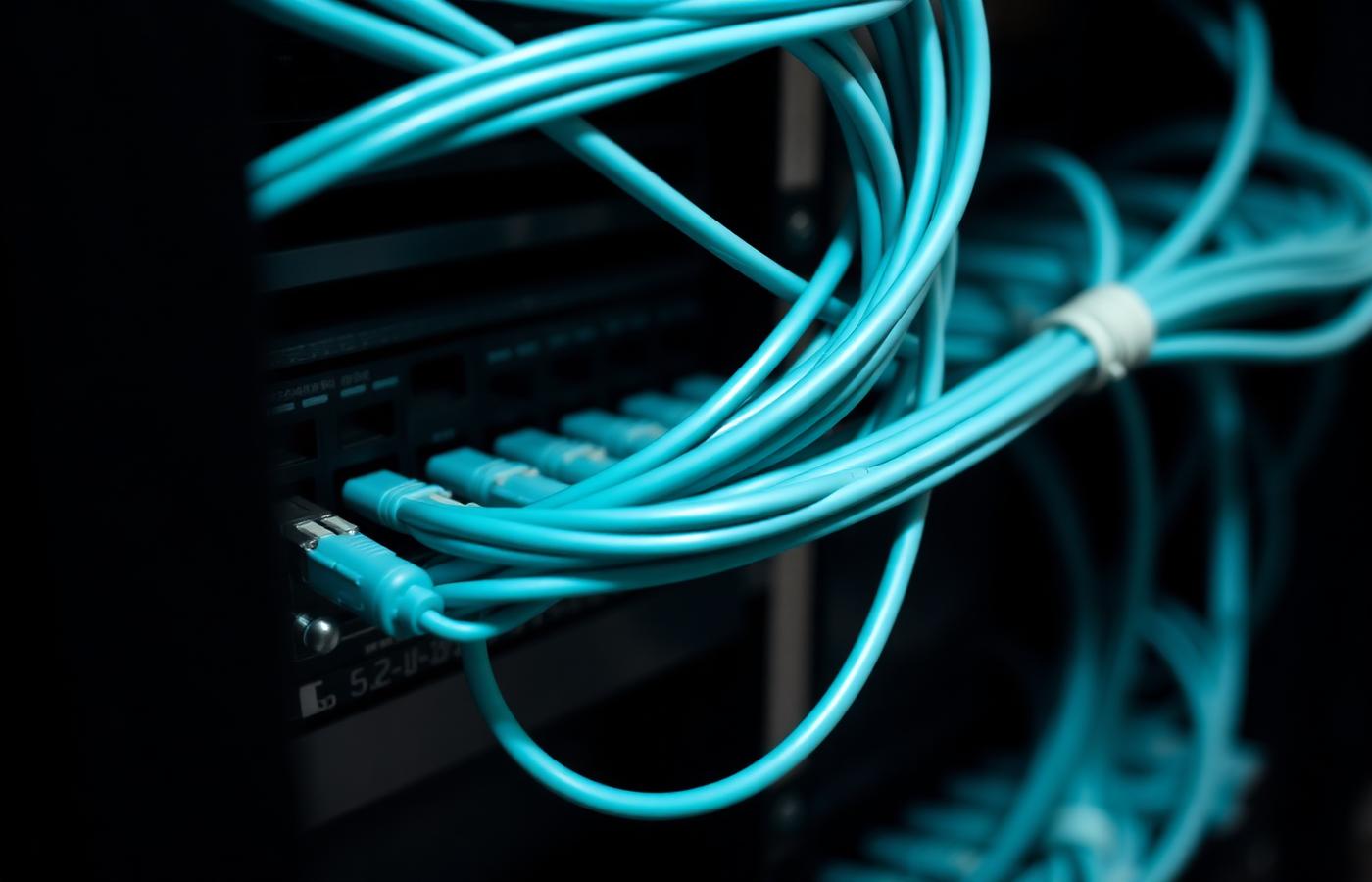 Sauber gebündelte türkisfarbene Netzwerkkabel an einem Patchpanel im Serverschrank
